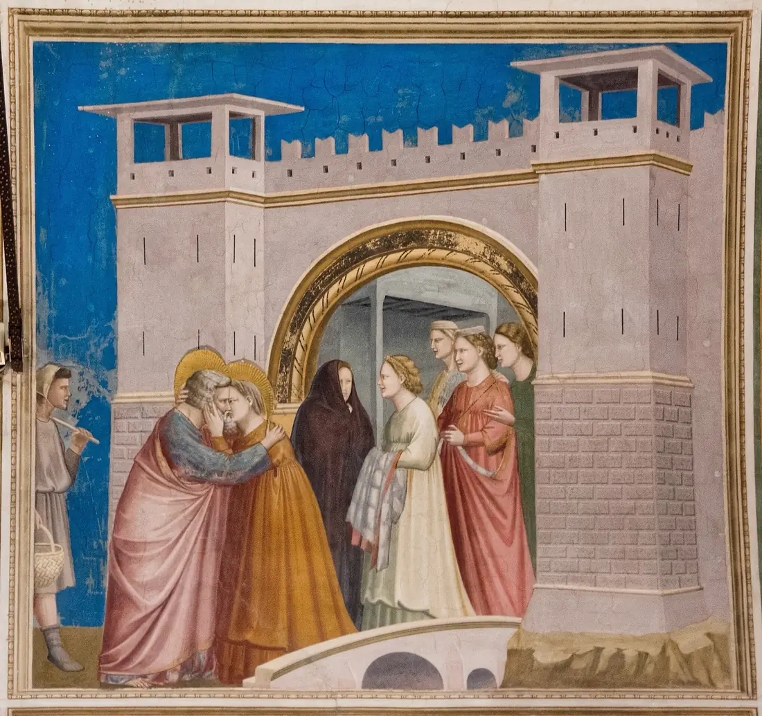 Giotto's fresco of Joachim and Anna embracing at the Golden Gate of Jerusalem, with women watching from the gateway