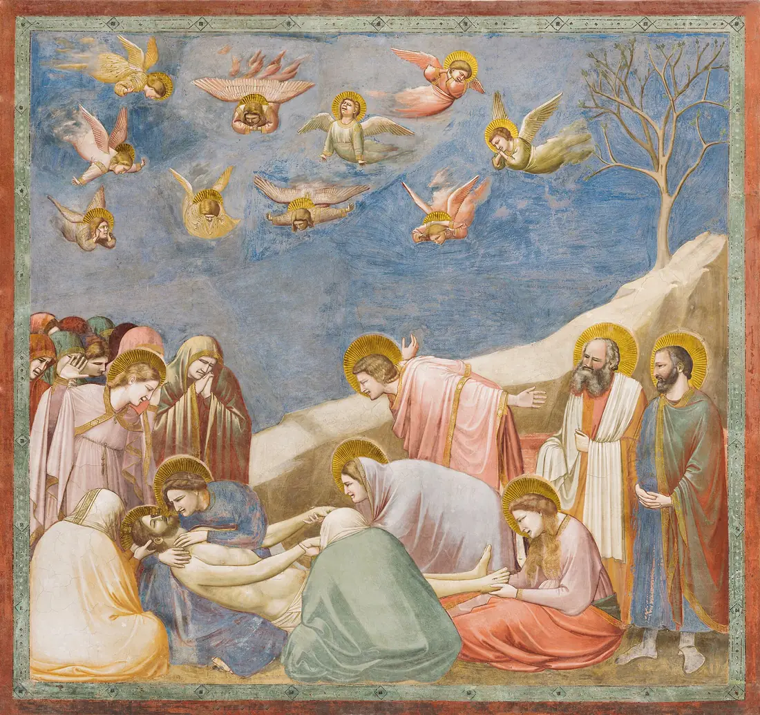 Giotto's fresco of the Lamentation over the dead Christ, with mourners on the ground and angels grieving in the sky