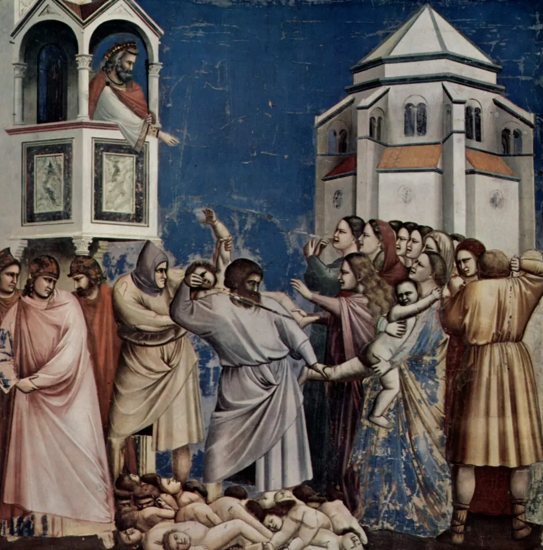 Giotto's fresco of the Massacre of the Innocents, soldiers seizing children from their mothers below Herod's balcony